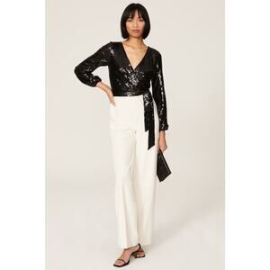 RTR Lauren Ralph Lauren Sz 2 Black White Sequined Wide Leg Long Sleeve Jumpsuit